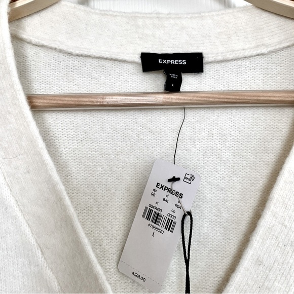 [⭐️ PRICE FIRM] EXPRESS Bow V-Neck Puff Shoulder Cardigan Sweater Ivory White L - Picture 11 of 12
